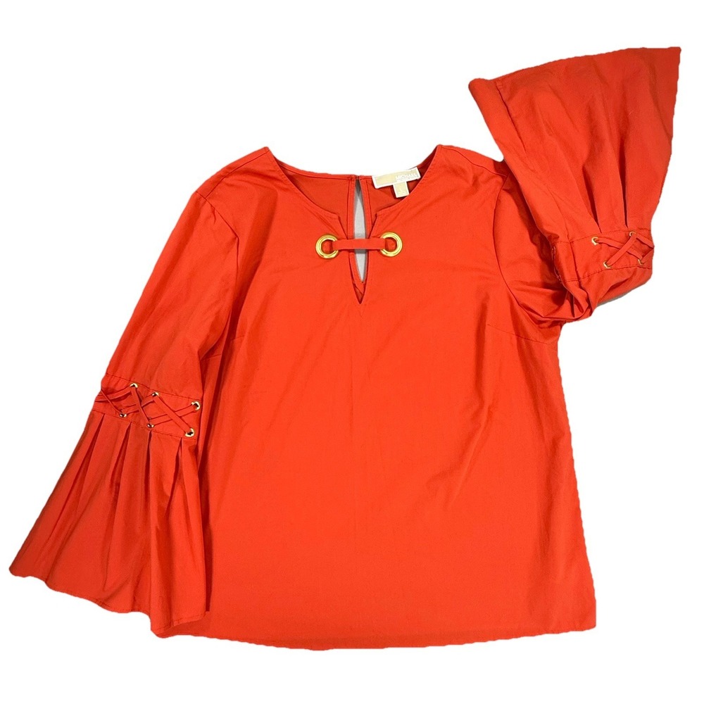 MICHAEL Michael Kors Womens L Red Orange Split Neck Bell Sleeves Gold Hardware